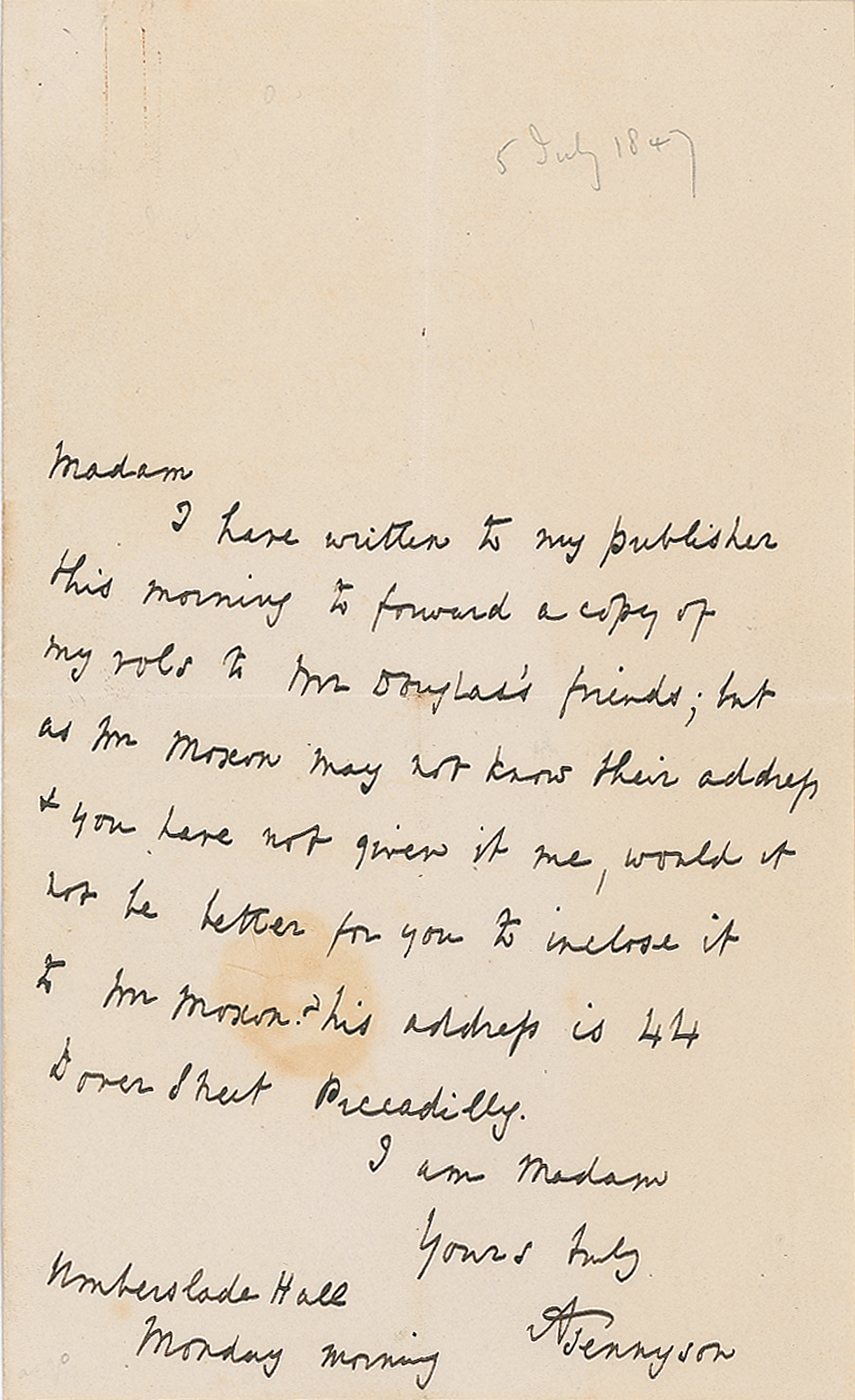 Lot #595 Alfred Lord Tennyson Autograph Letter Signed