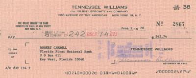 Lot #604 Tennessee Williams Signed Check - Image 1