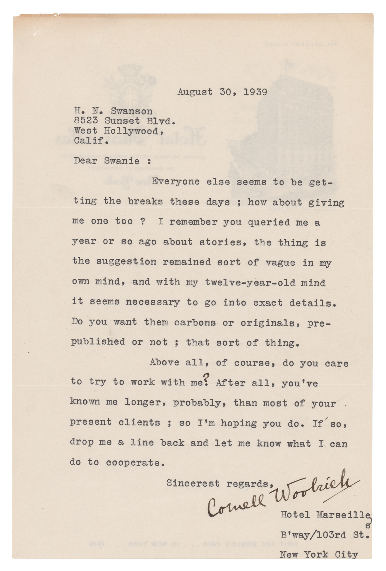 Lot #606 Cornell Woolrich Typed Letter Signed