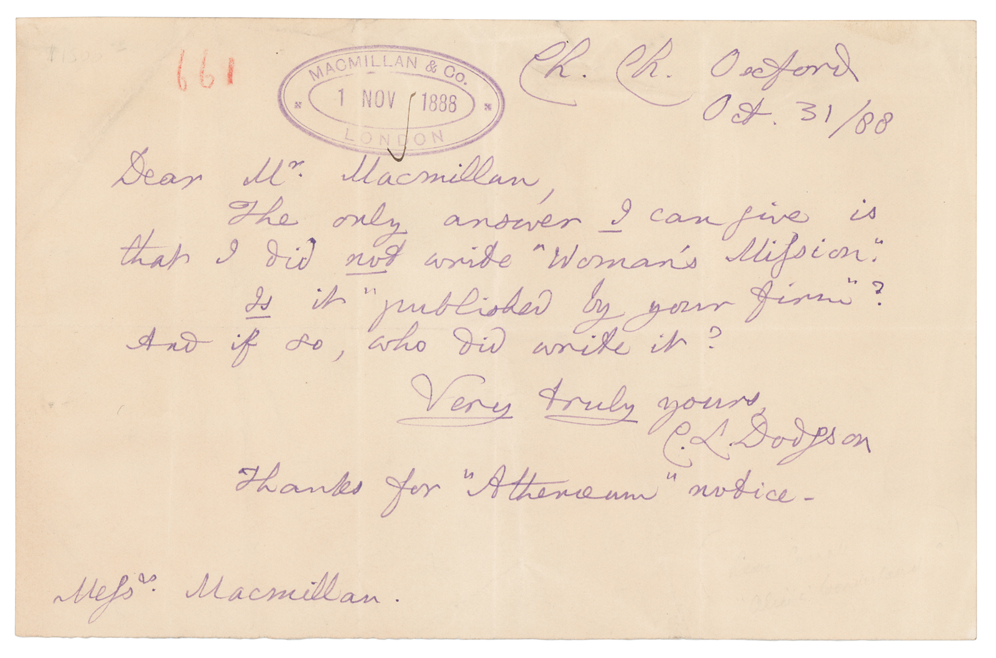 Lot #487 Charles L. Dodgson Autograph Letter Signed