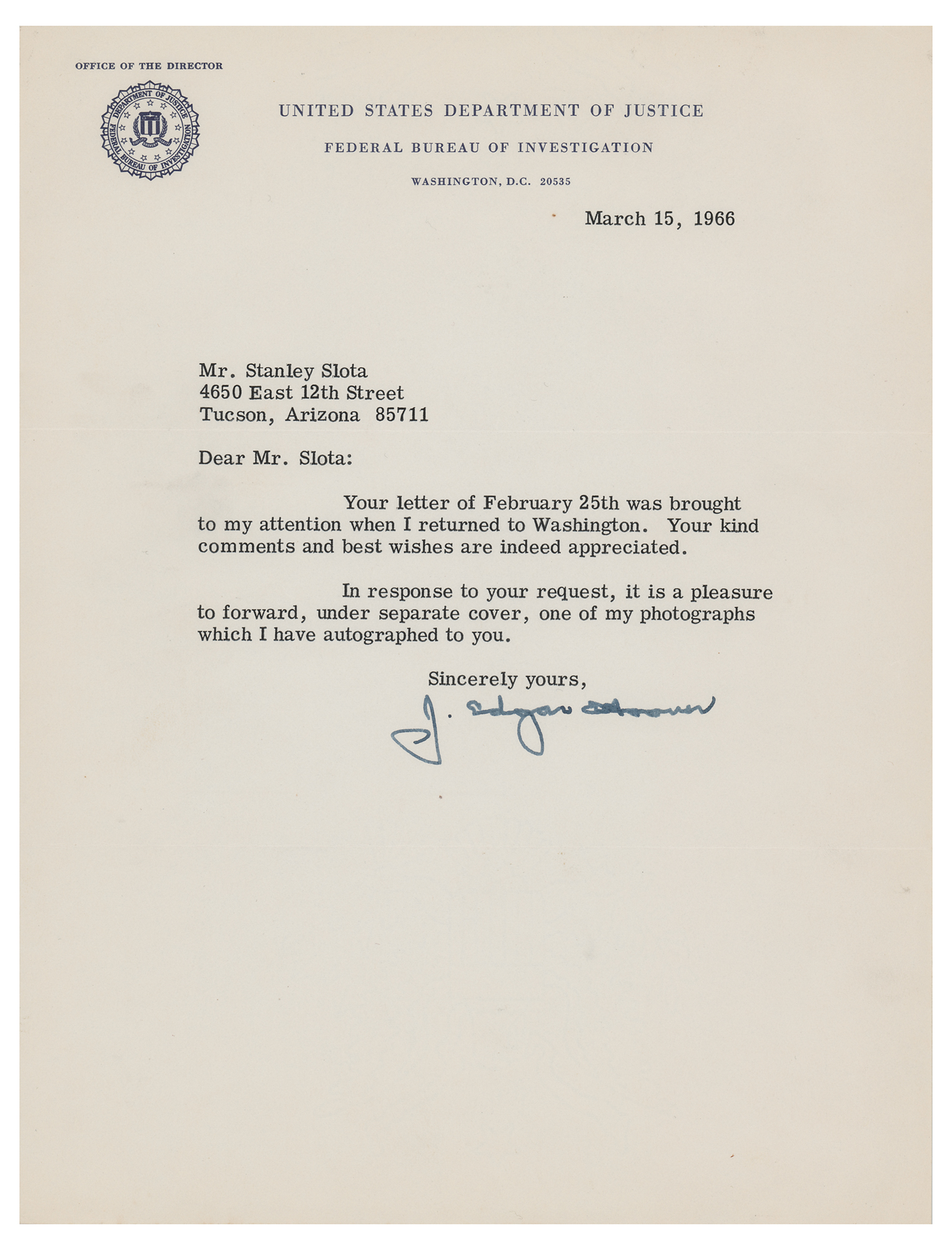 Lot #247 J. Edgar Hoover (2) Typed Letters Signed