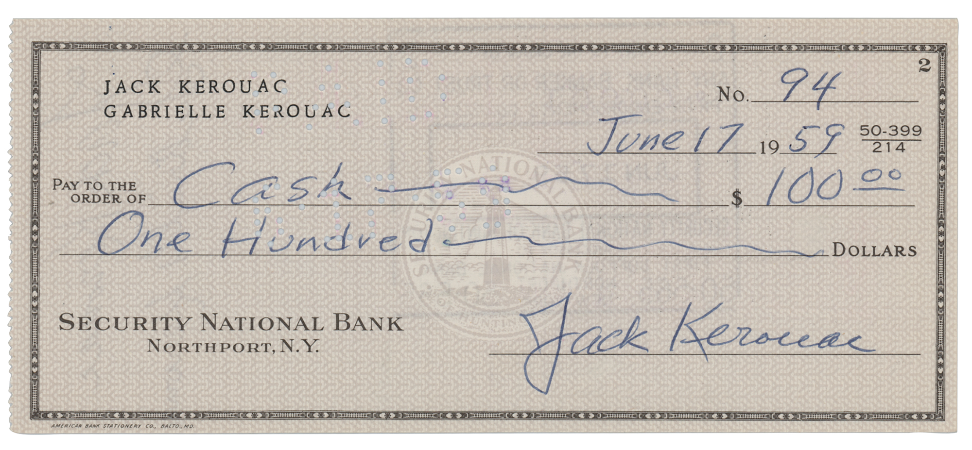 Lot #502 Jack Kerouac Twice-Signed Check
