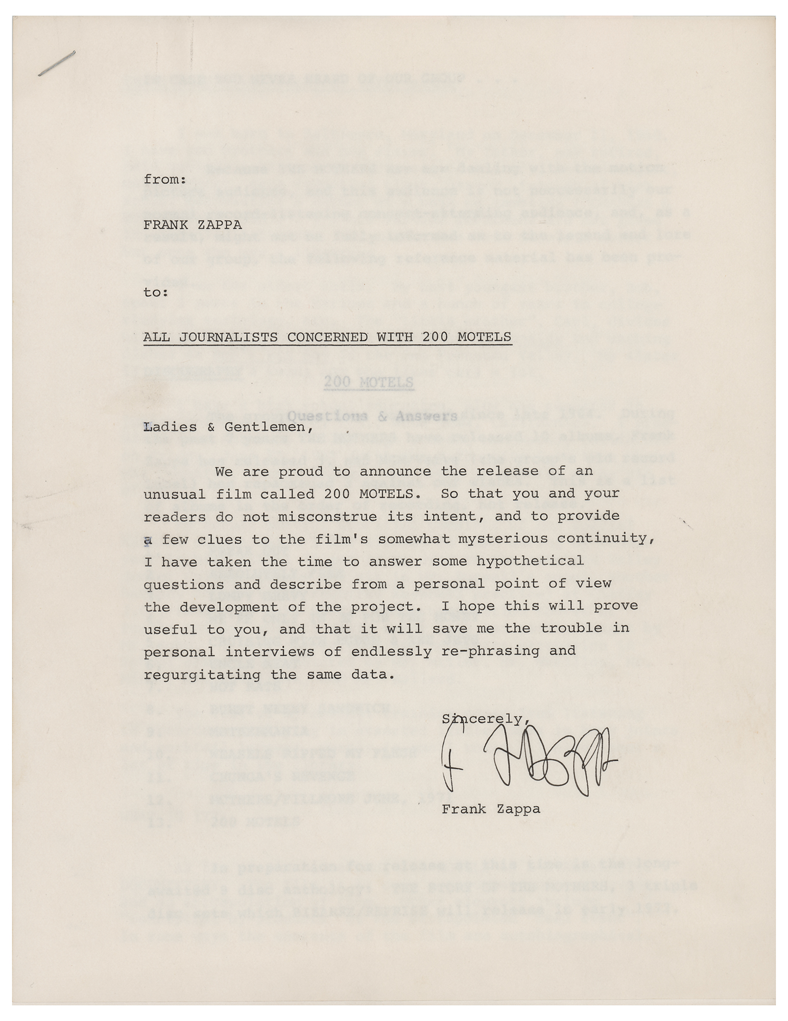 Lot #625 Frank Zappa Signed Cover Letter and Press Release for 200 Motels