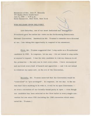 Lot #43 John F. Kennedy Signed Press Release of Speech Responding to Truman Suggesting Kennedy Drop Out of Presidential Race July 4, 1960 - Image 1