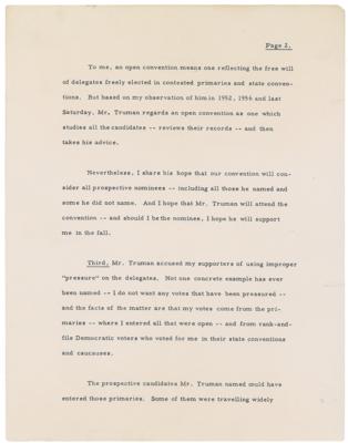 Lot #43 John F. Kennedy Signed Press Release of Speech Responding to Truman Suggesting Kennedy Drop Out of Presidential Race July 4, 1960 - Image 2