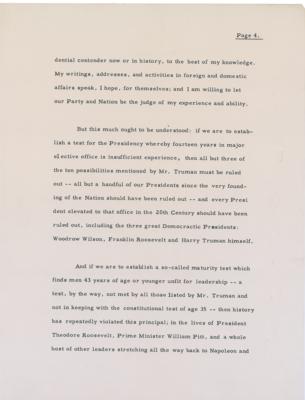 Lot #43 John F. Kennedy Signed Press Release of Speech Responding to Truman Suggesting Kennedy Drop Out of Presidential Race July 4, 1960 - Image 4