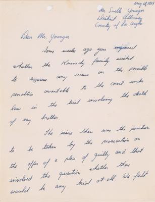 Lot #174 Ted Kennedy's Poignant 5-Page Autograph Letter Signed to Attorney Evelle Younger on RFK and Death Penalty for Sirhan Sirhan