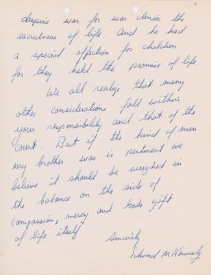 Lot #174 Ted Kennedy's Poignant 5-Page Autograph Letter Signed to Attorney Evelle Younger on RFK and Death Penalty for Sirhan Sirhan - Image 5