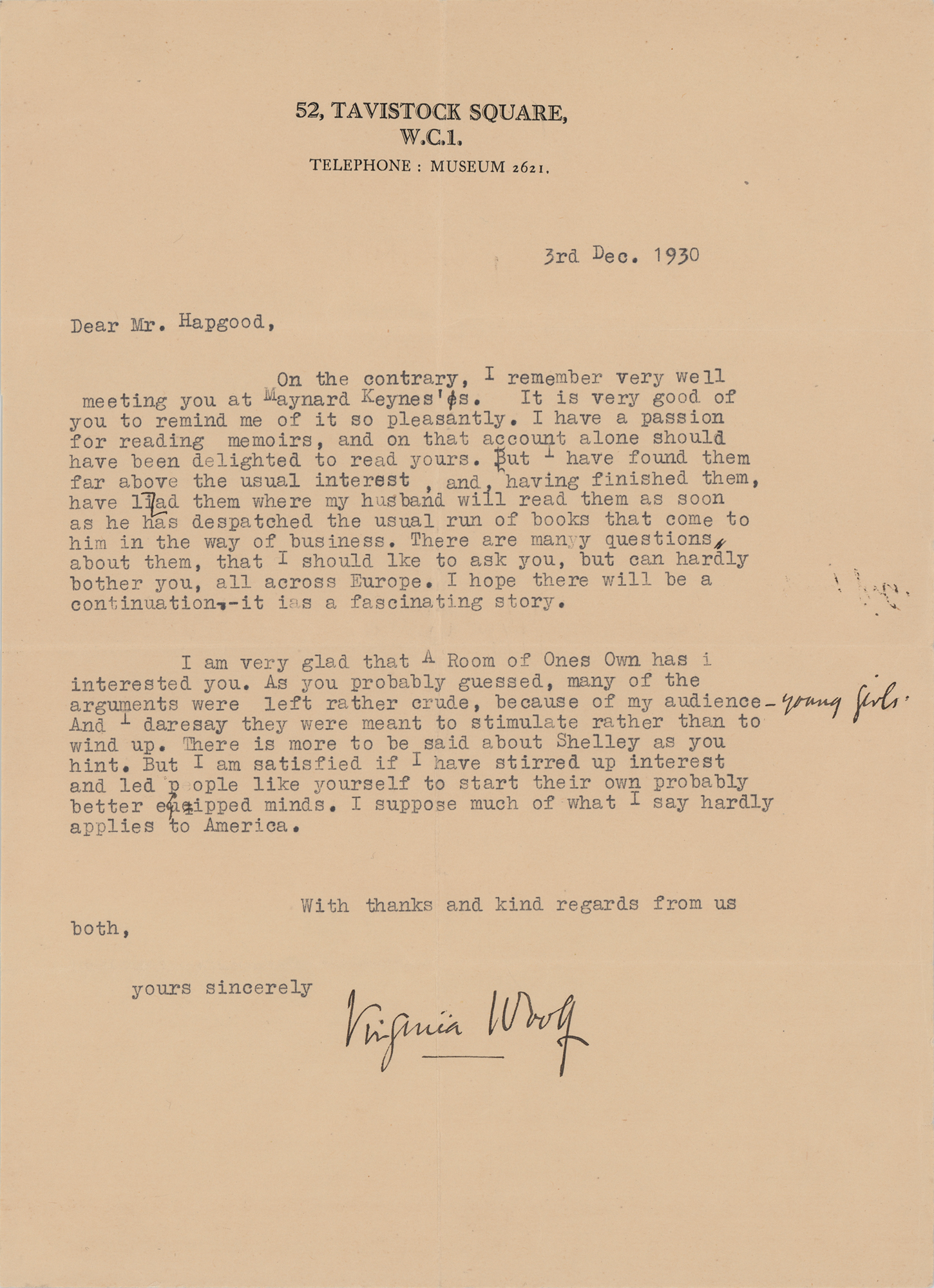 Lot #524 Virginia Woolf Typed Letter Signed