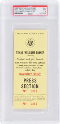 Lot #118 John F. Kennedy: 'Texas Welcome Dinner' Press Ticket - PSA MINT 9