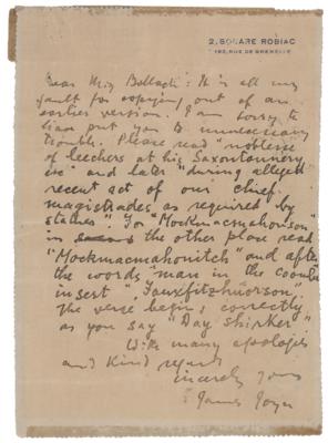 Lot #501 James Joyce Autograph Letter Signed