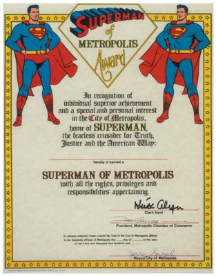Lot #475 Superman: Siegel, Shuster and Alyn Signed Certificate