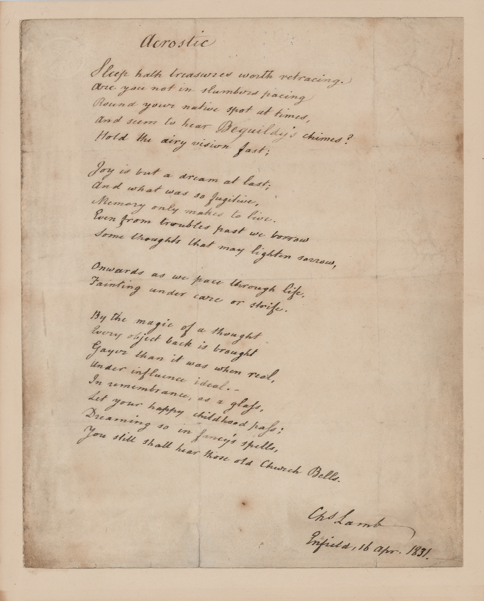 Lot #504 Charles Lamb Signed Handwritten Acrostic Poem