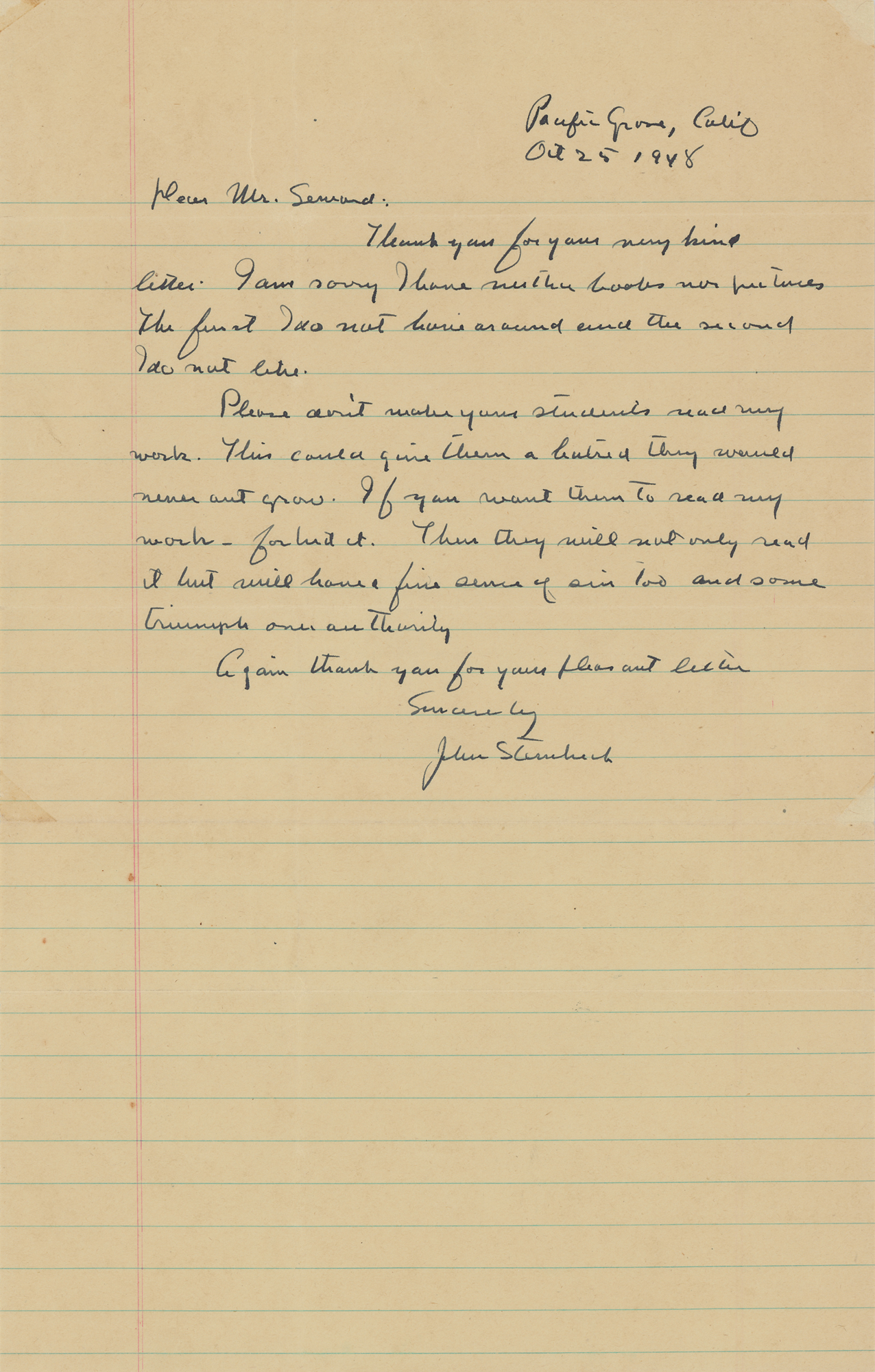 Lot #517 John Steinbeck Autograph Letter Signed