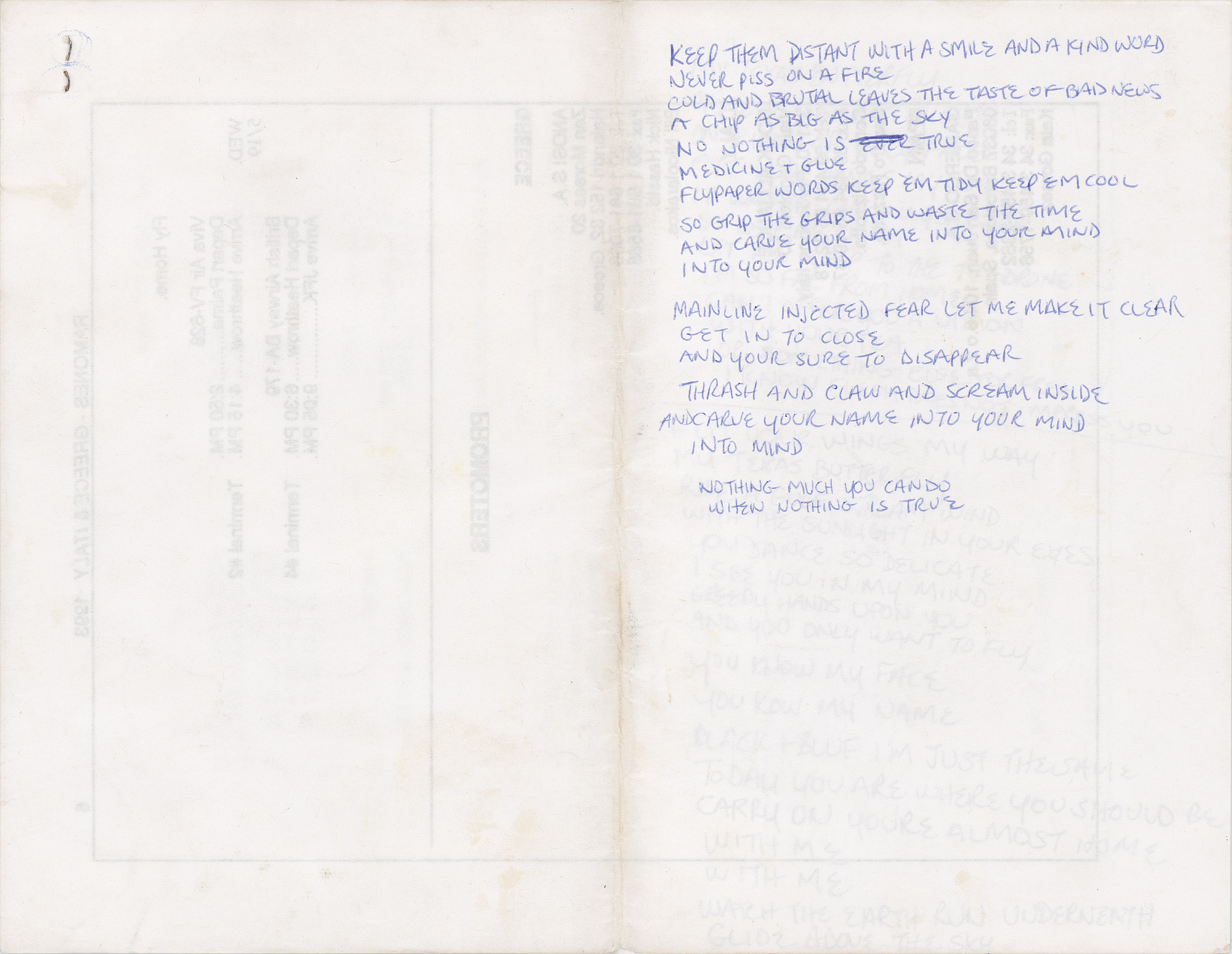 Lot #5338 CJ Ramone's Handwritten Song Lyrics