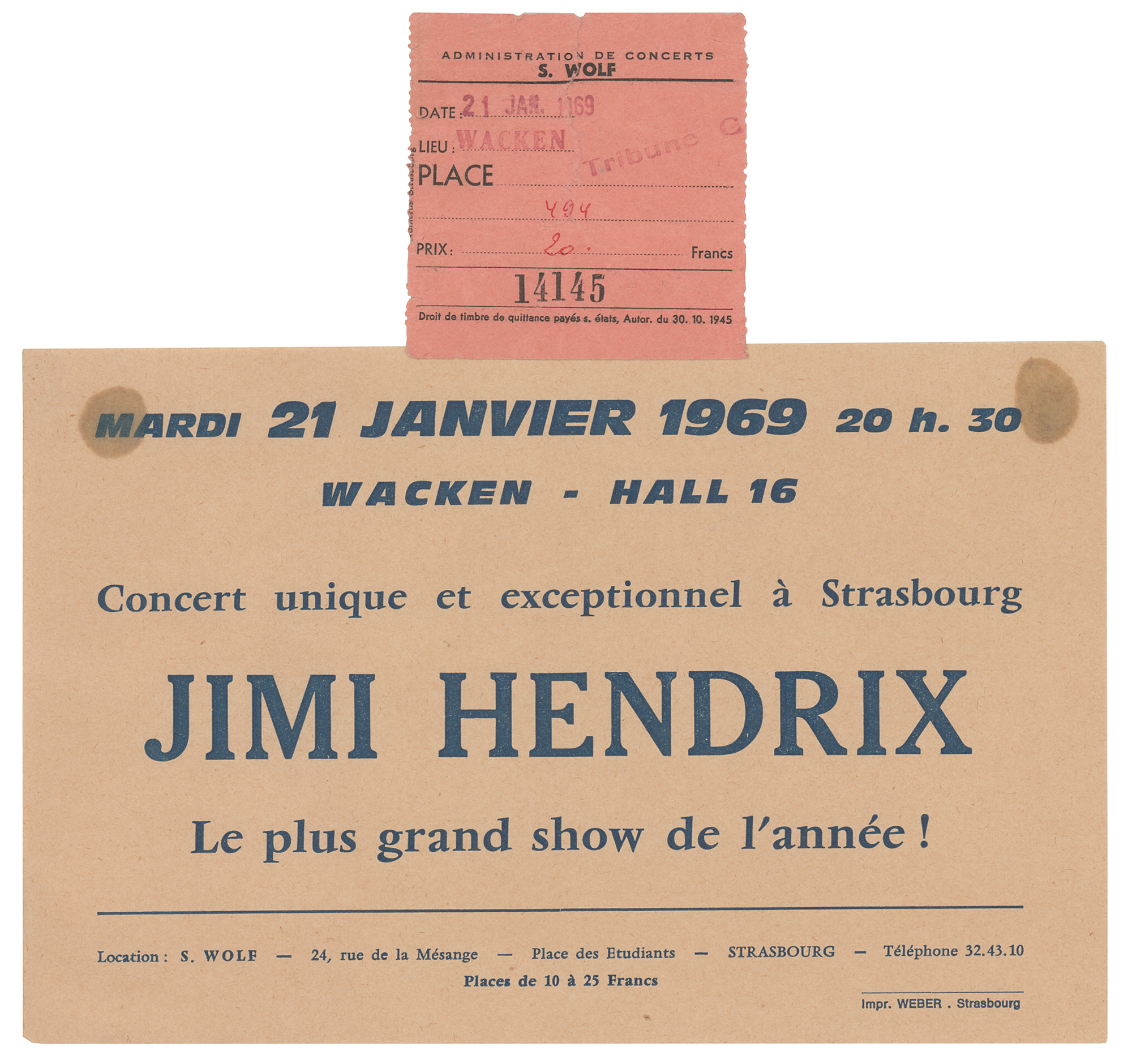 Lot #5088 Jimi Hendrix 1969 Wacken Hall Handbill and Ticket Stub