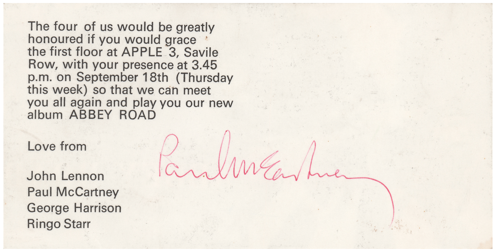 Lot #5026 Beatles: Paul McCartney Signed Invitation