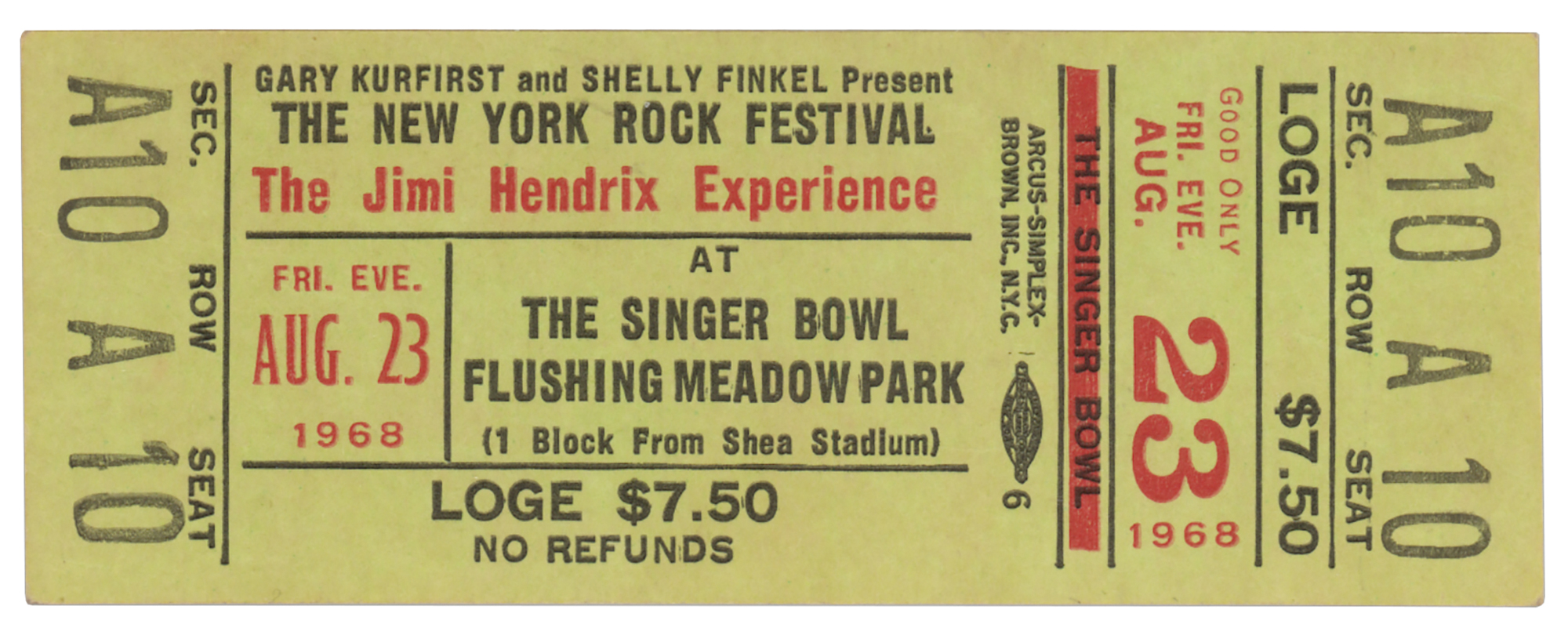 Lot #5084 Jimi Hendrix,JanisJoplin rare full concert ticket with originalprogram that includes The Doors and The Who