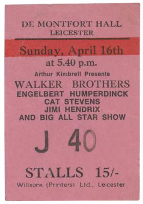 Lot #5086 Jimi Hendrix and the Walker Brothers 1967 Ticket Stub and Program - Image 1