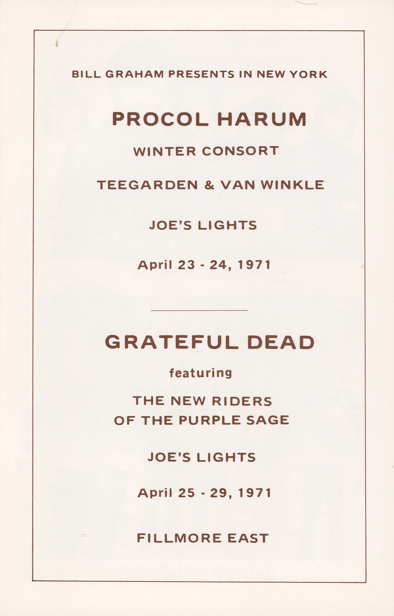 Lot #5138 Grateful Dead and Procol Harum 1971 Fillmore East Program