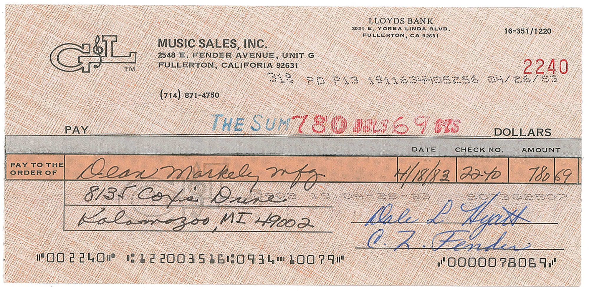 Lot #893 Leo Fender Signed Check