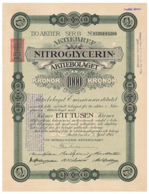 Lot #452 Nobel: Nitroglycerin Aktiebolaget Stock Certificate