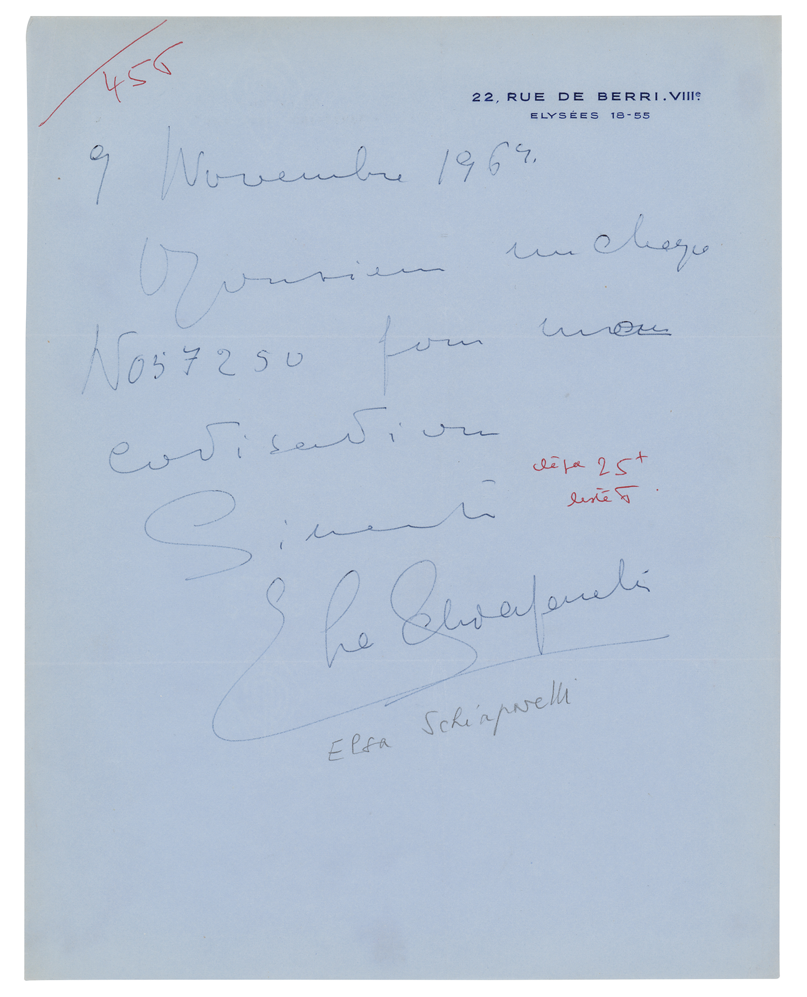 Lot #740 Elsa Schiaparelli Autograph Letter Signed
