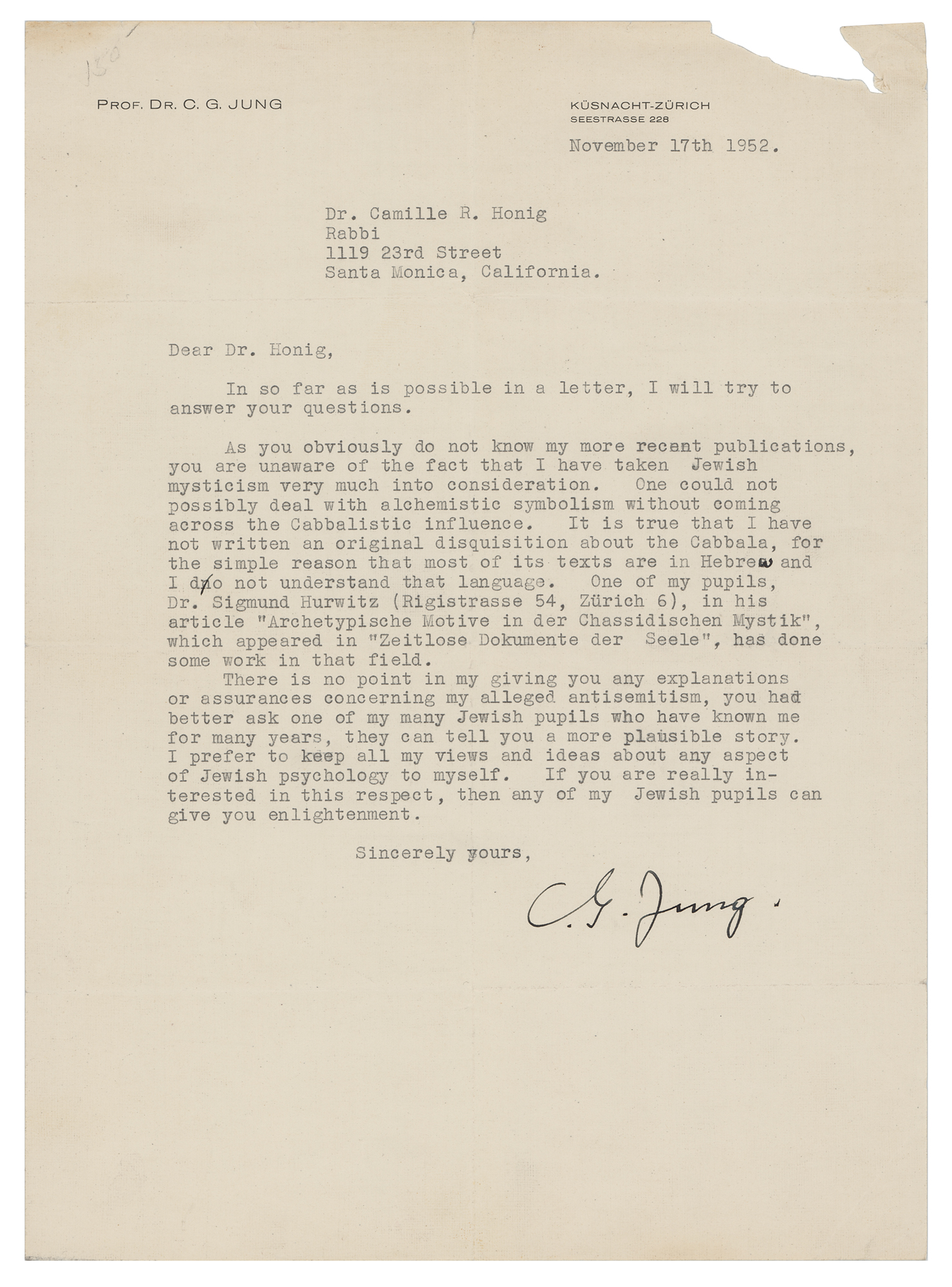 Lot #310 Carl Jung Typed Letter Signed