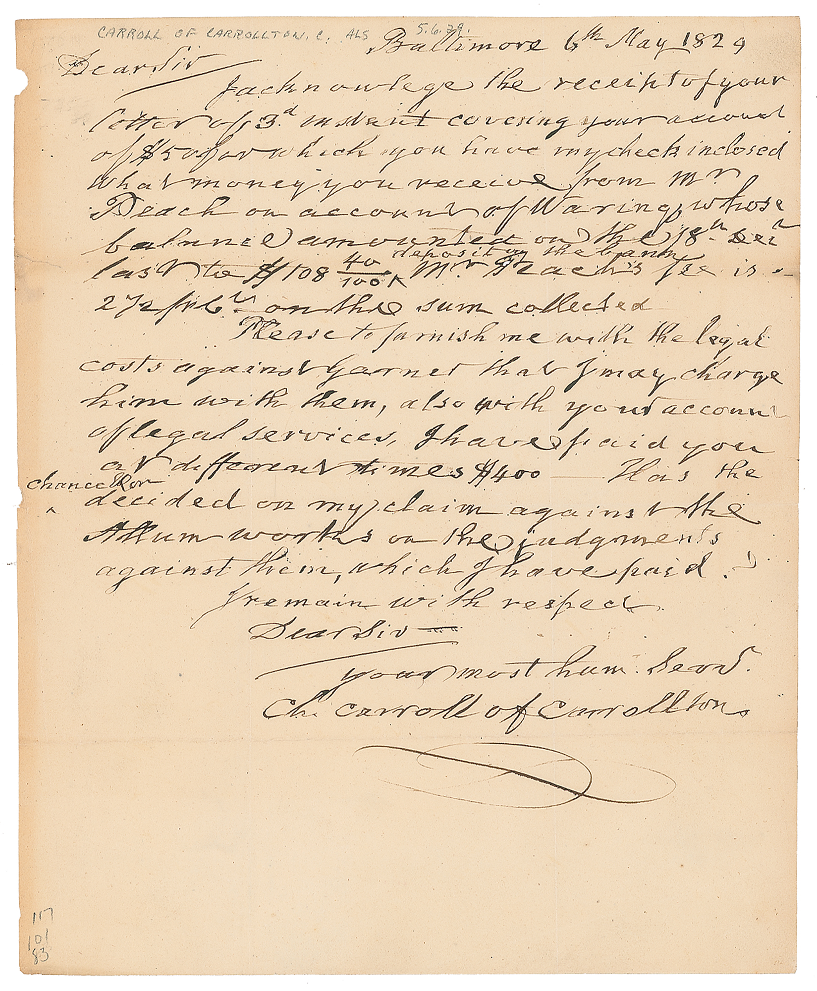 Lot #239 Charles Carroll of Carrollton Autograph Letter Signed