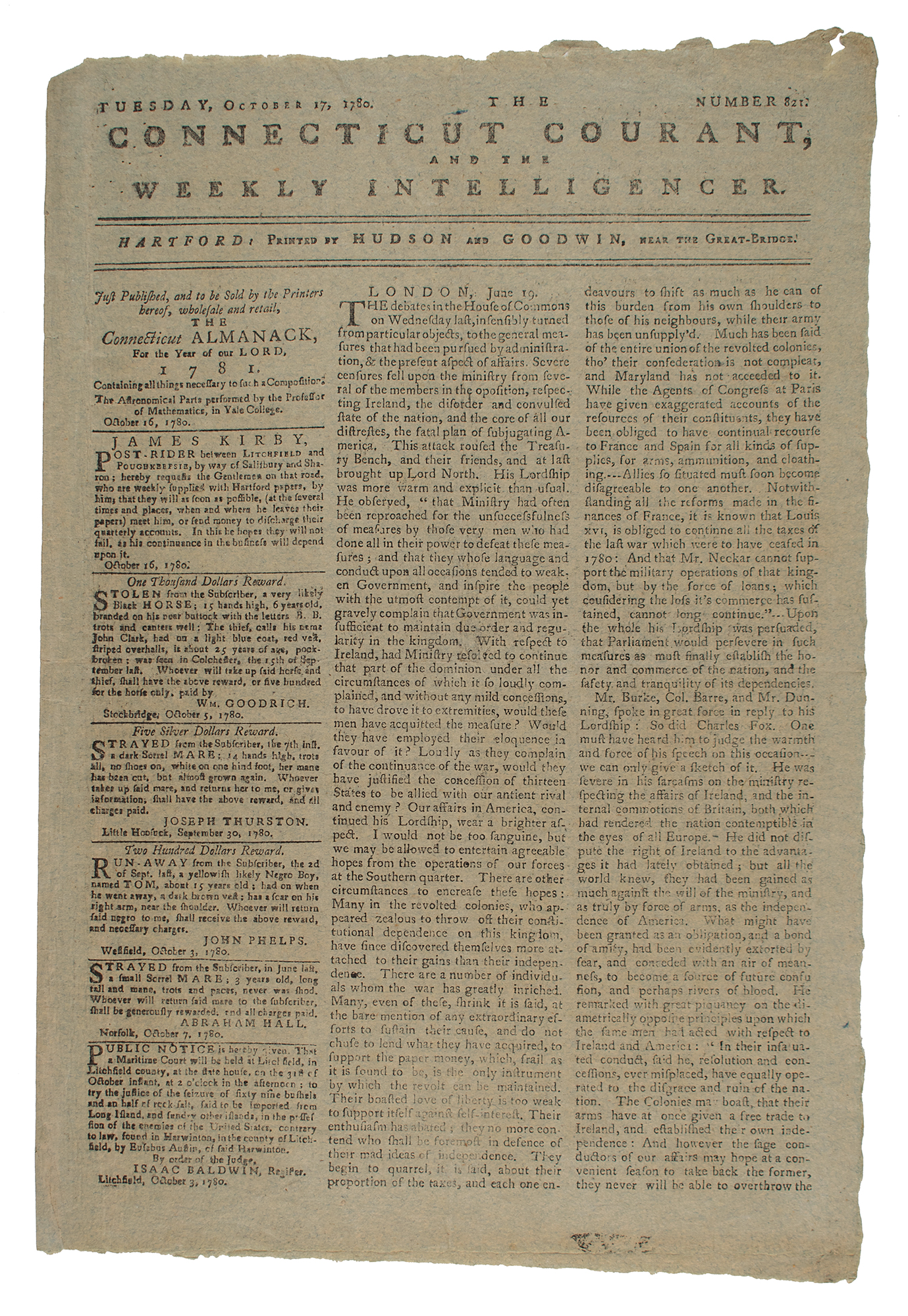 Lot #532 The Connecticut Courant, and the Weekly Intelligencer (October 17, 1780)