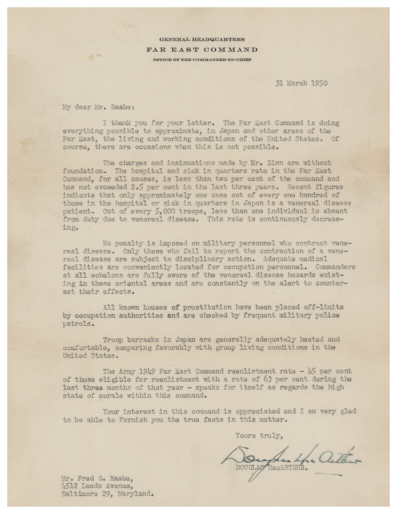 Lot #519 Douglas MacArthur Typed Letter Signed on Venereal Disease