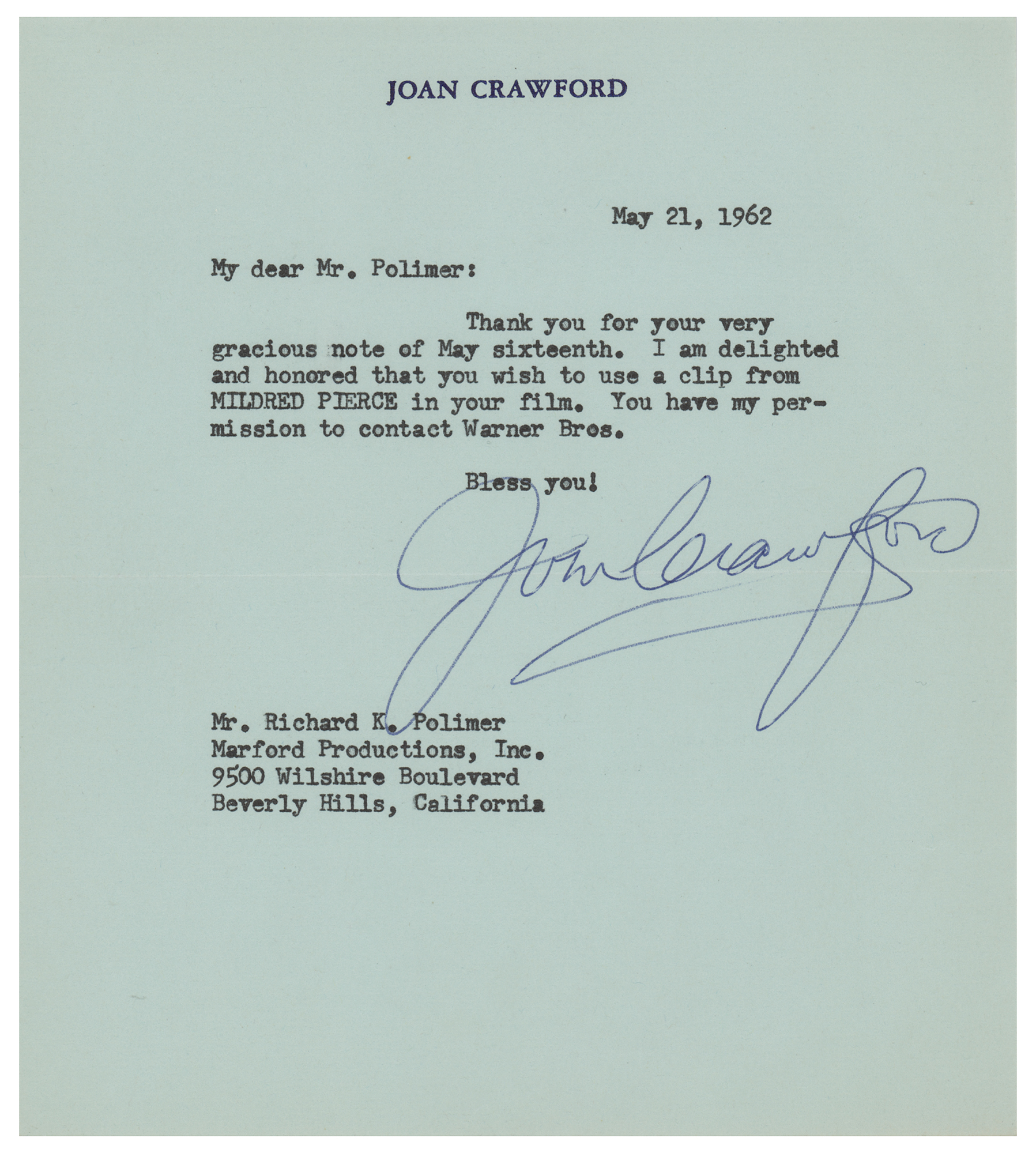 Lot #972 Joan Crawford Typed Letter Signed