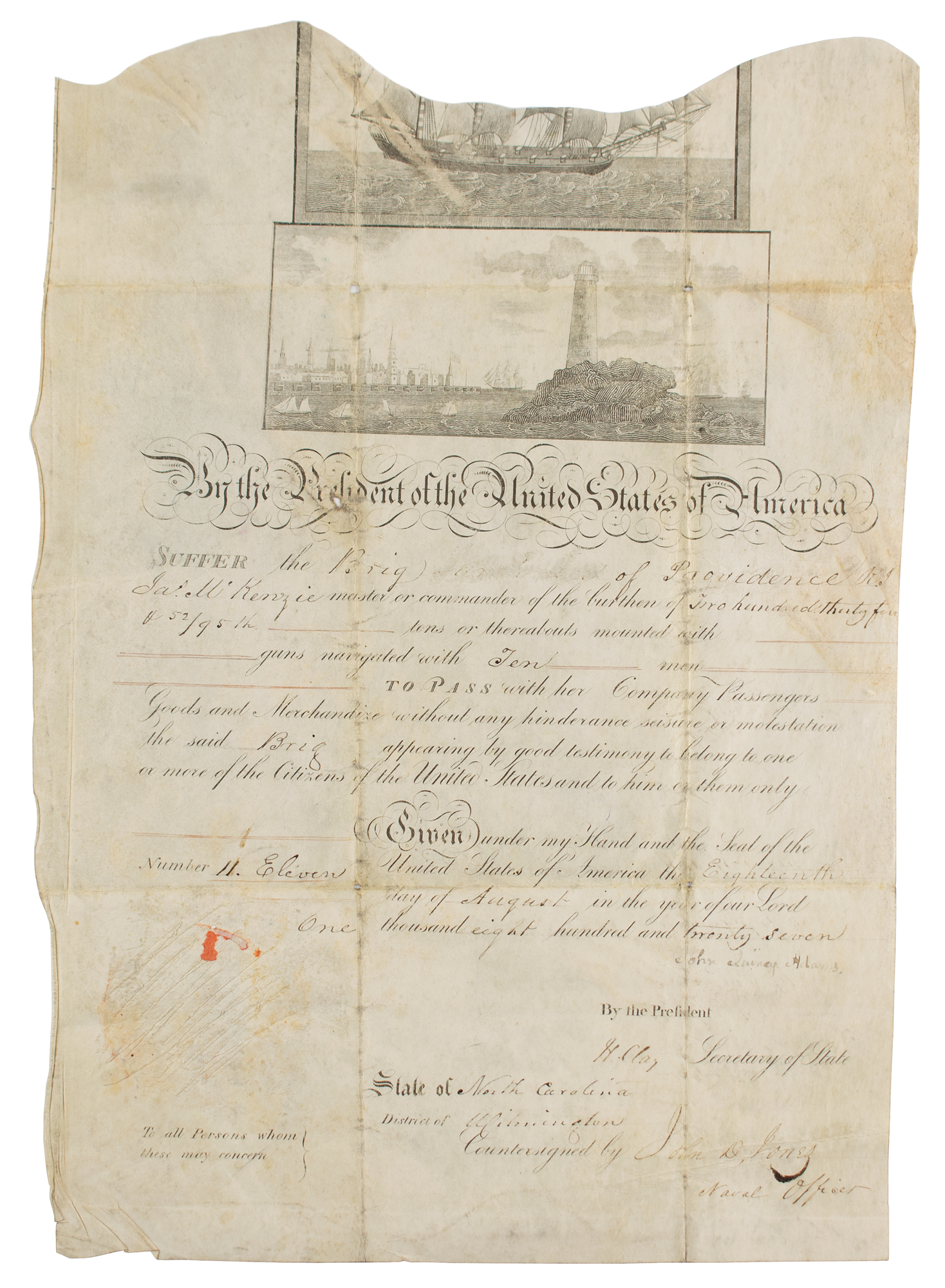 Lot #82 John Quincy Adams and Henry Clay Document Signed as President and Secretary of State
