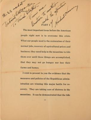 Lot #54 Herbert Hoover Hand-Corrected and Signed Campaign Speech