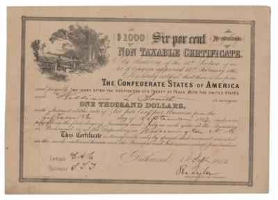 Lot #531 Confederacy: 1864 Non-Taxable Certificate