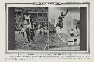 Lot #6042 Berlin 1936 Summer Olympics Wirephoto Poster of Jesse Owens and Jonny Woodruff - Image 1