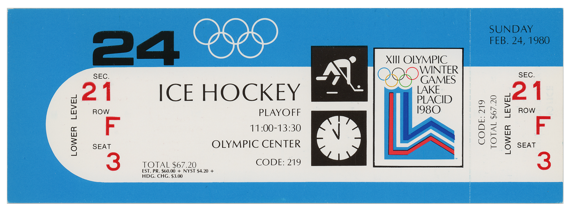 Lot #6105 Lake Placid 1980 Winter Olympics Hockey Final Ticket