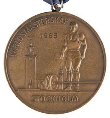 Lot #6066 Leonid Zhabotinsky's Bronze Winner's Medal and Plaque from the Stockholm 1963 World Weightlifting Championships