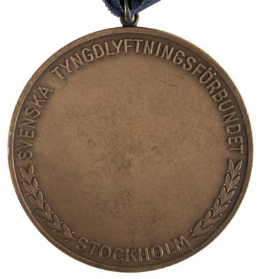 Lot #6066 Leonid Zhabotinsky's Bronze Winner's Medal and Plaque from the Stockholm 1963 World Weightlifting Championships - Image 2