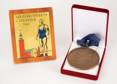 Lot #6066 Leonid Zhabotinsky's Bronze Winner's Medal and Plaque from the Stockholm 1963 World Weightlifting Championships - Image 3