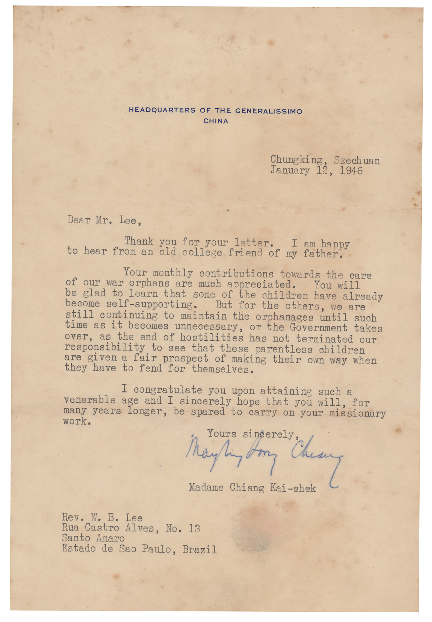 Lot #244 Madame Chiang Kai-shek Typed Letter Signed