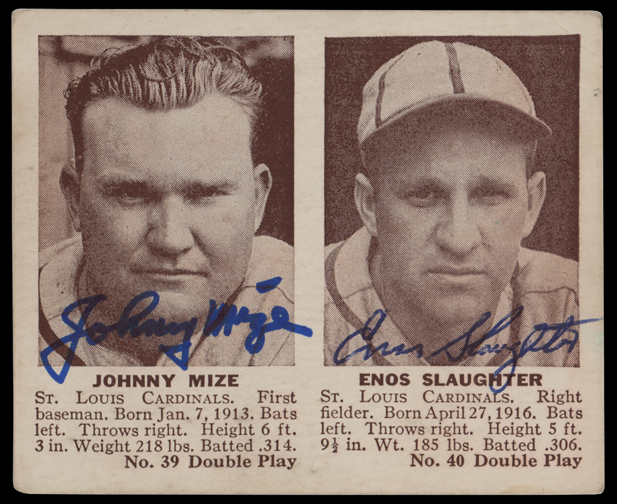 Lot #969 Johnny Mize and Enos Slaughter Signed 1941 Double Play Baseball Card