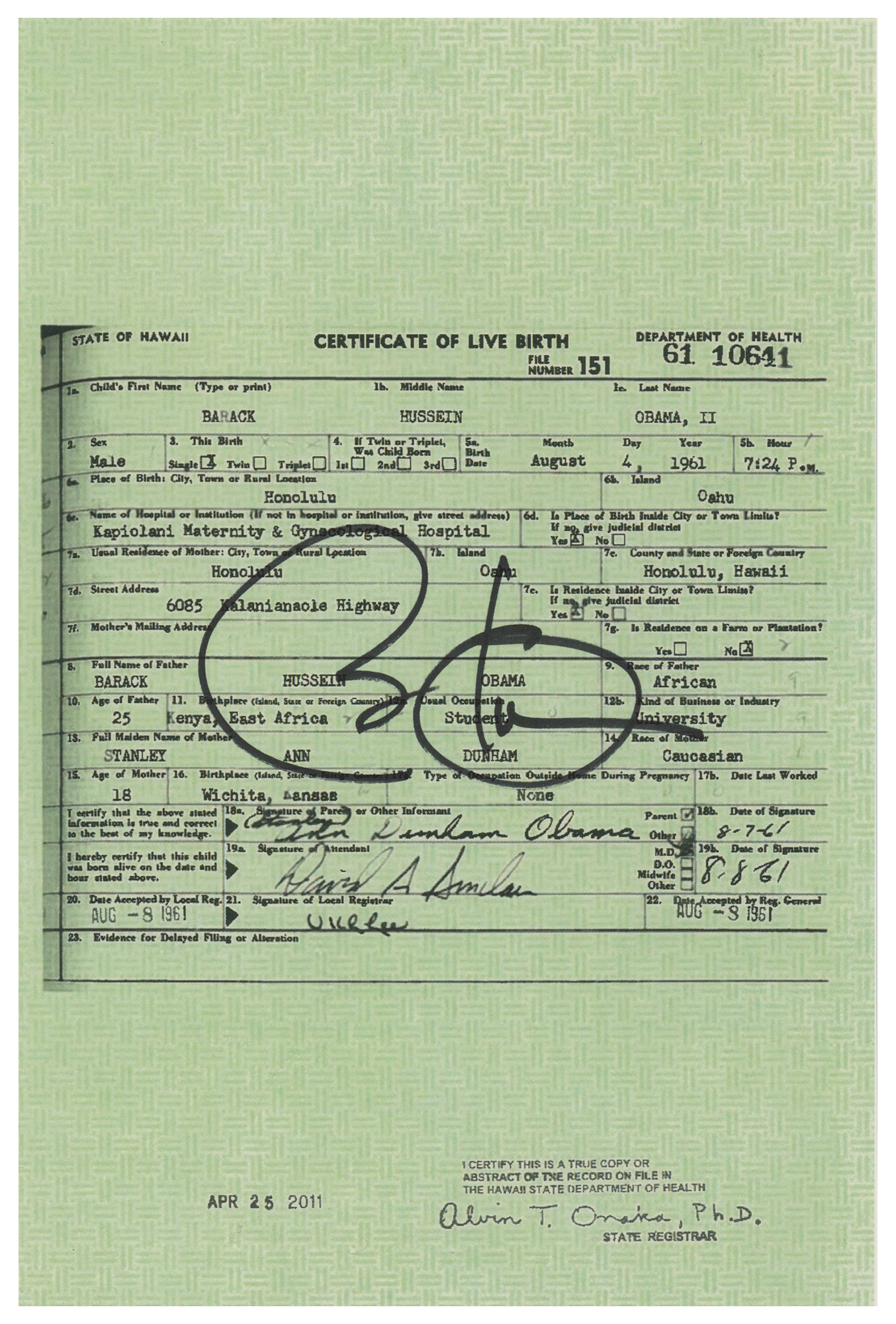 Lot #132 Barack Obama Signed Mock Birth Certificate