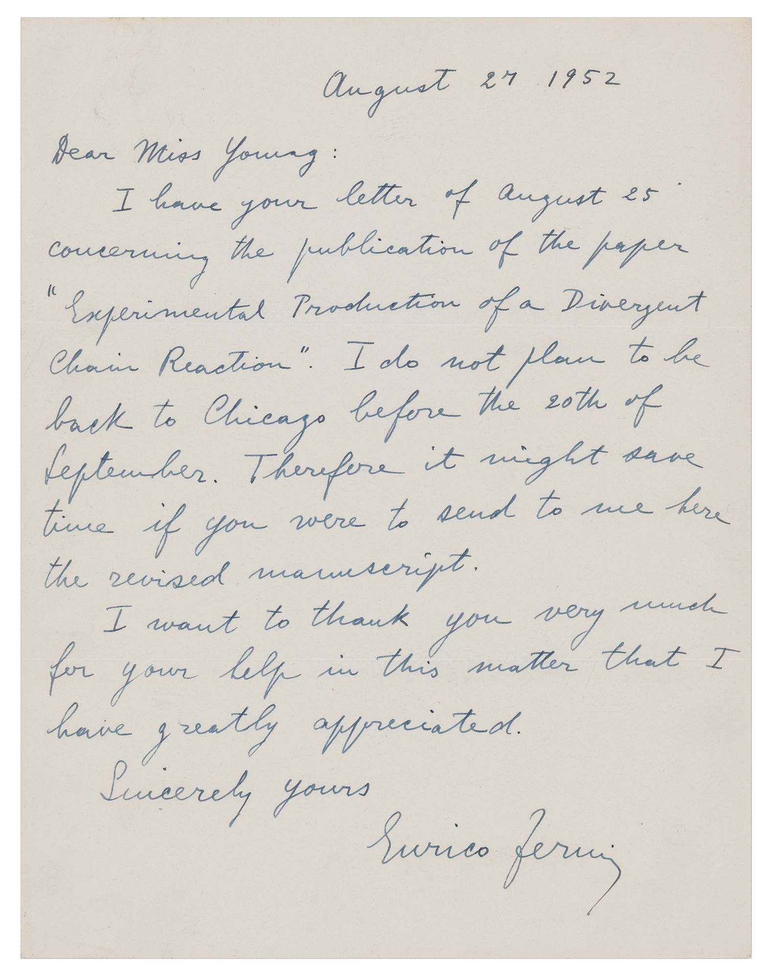 Lot #192 Enrico Fermi Autograph Letter Signed