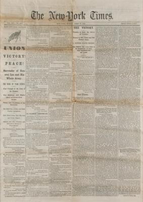 Lot #367 Civil War: New York Times from April 10, 1865, Proclaiming the End of the War