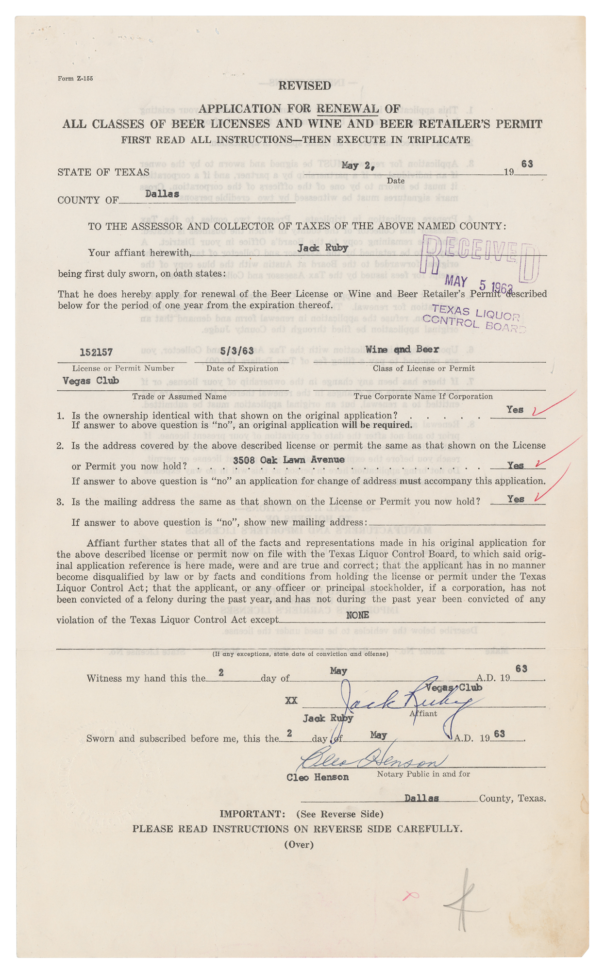 Lot #327 Jack Ruby Document Signed