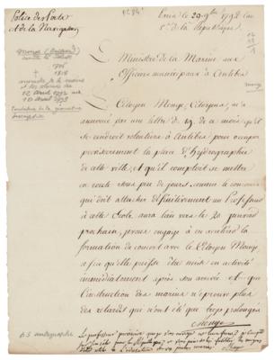 Lot #299 Gaspard Monge Letter Signed with Autograph Postscript