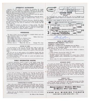 Lot #871 Horse Racing: 1975 Great Match Race Program Signed by the Jockeys of Ruffian and Foolish Pleasure