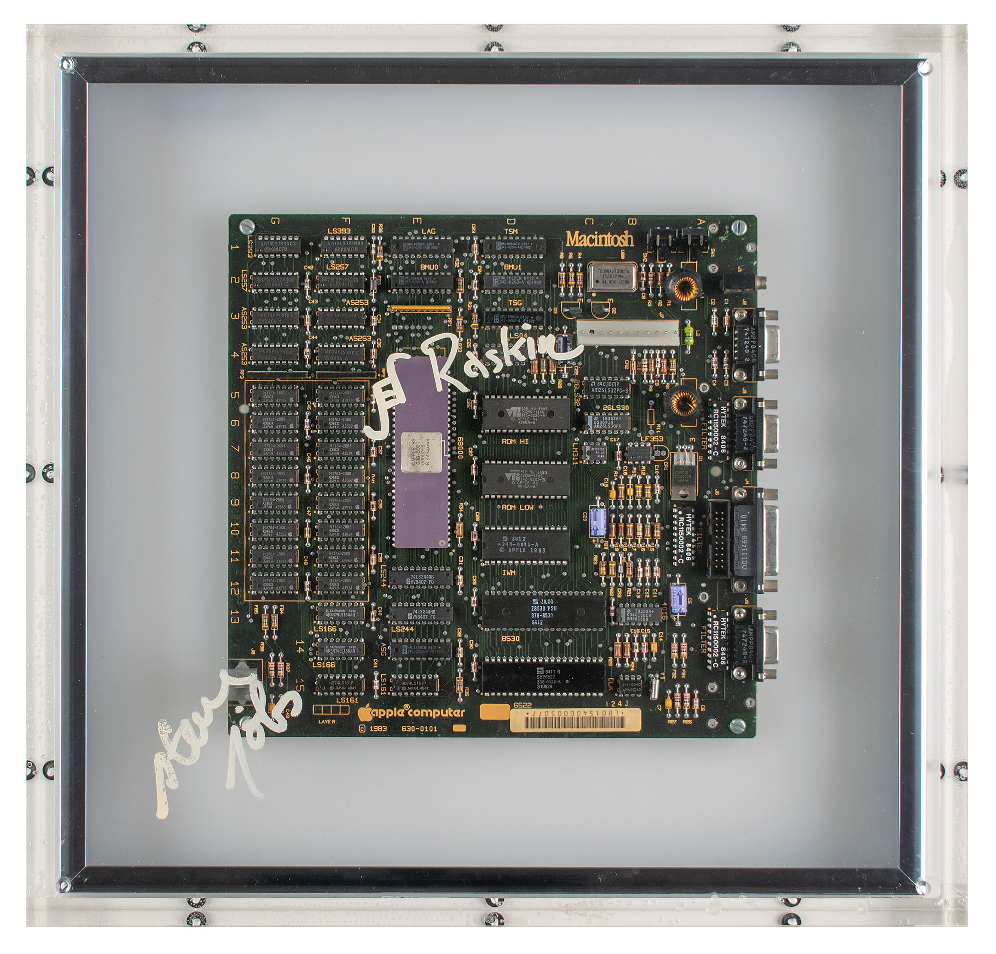 Lot #7005 Steve Jobs and Jef Raskin Signed 128K Macintosh Motherboard Display