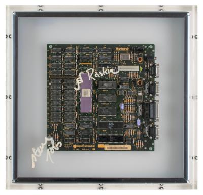 Lot #7005 Steve Jobs and Jef Raskin Signed 128K Macintosh Motherboard Display
